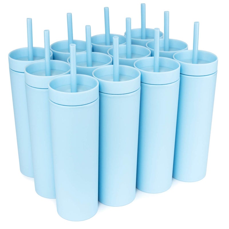 STRATA CUPS Periwinkle Skinny Tumblers with Lids and Straws (12 pack) - 16oz Double Wall Acrylic Tumbler, Tall Matte Skinny Tumblers, Bulk with Free Straw Cleaner, Reusable Cups - Image 1